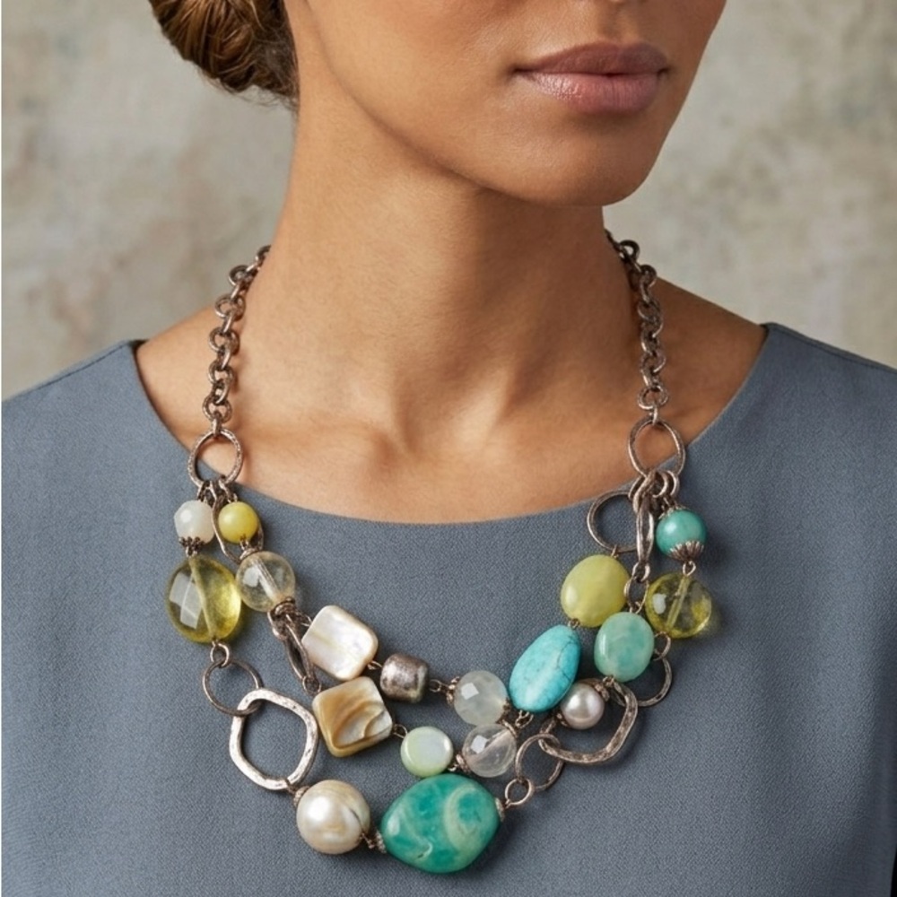 NWT NEW Ruby Rd. Boho Multi-Strand Statement Necklace | Turquoise & Citrine - Picture 4 of 7